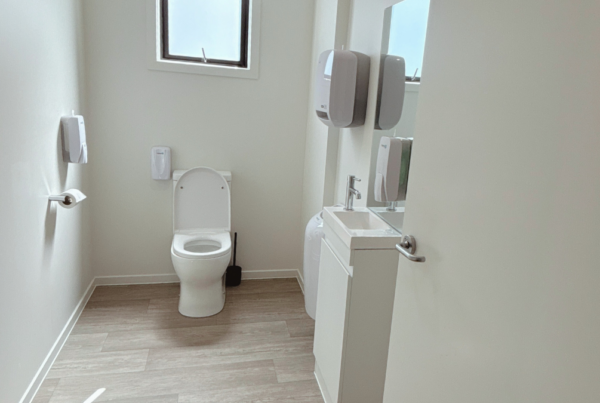 Toilet block transportable ablution cabin built by Transbuild Commercial interior image of toilet